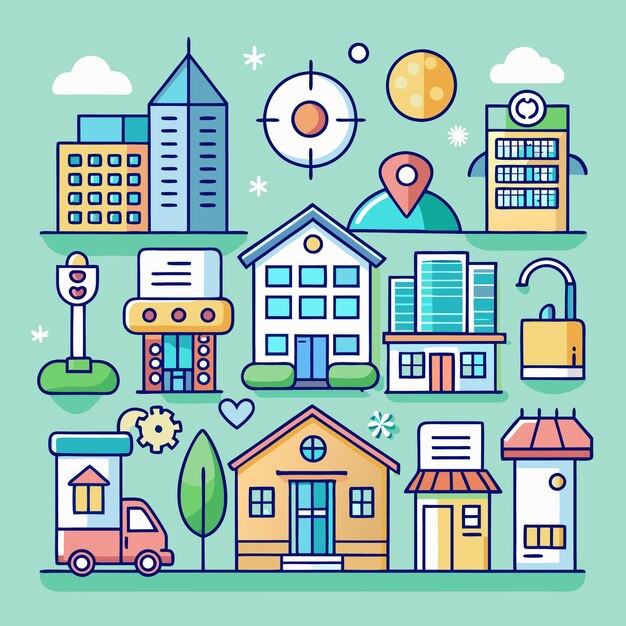 Ilustración colorida de una ciudad con casas, edificios y otros objetos