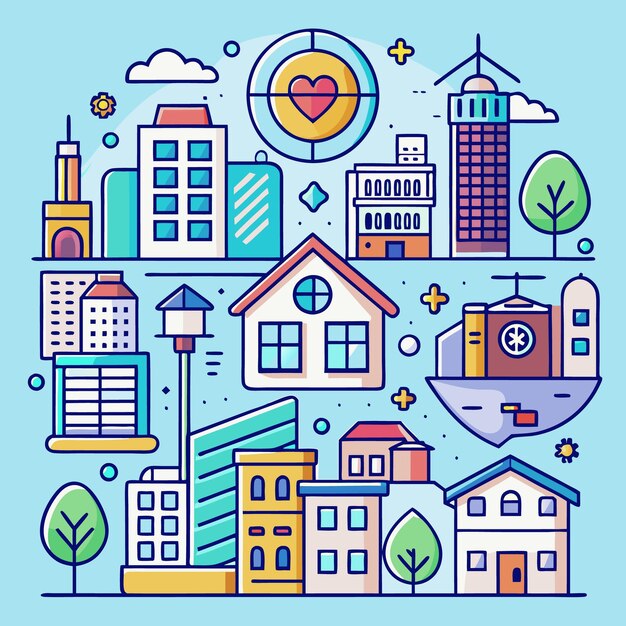 Ilustración colorida de la ciudad con un corazón en un objetivo
