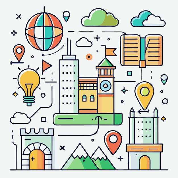 Ilustración colorida de una ciudad con edificios montañas y nubes