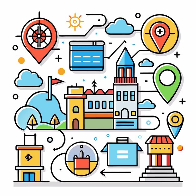 Ilustración colorida de una ciudad con edificios, tiendas y marcadores de ubicación