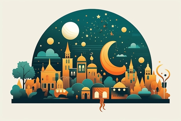 una ilustración colorida de una ciudad con un gato y la luna