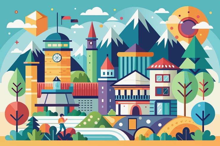 una ilustración colorida de una ciudad con un reloj y una ciudad en el fondo