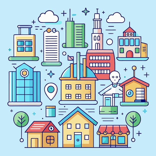 Ilustración colorida de una ciudad con varios edificios en estilo de contorno