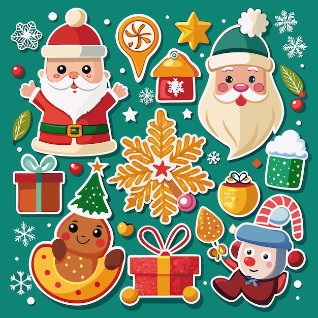 Una ilustración colorida con una colección de pegatinas navideñas con Santa Claus un hombre de pan de jengibre un elfo de juguete un árbol de Navidad un regalo copos de nieve una estrella y un bastón de caramelo