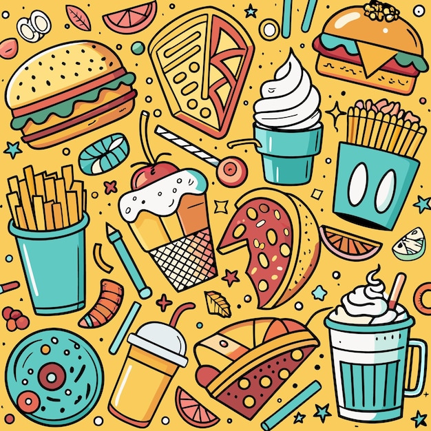 Ilustración colorida de comida rápida y bebidas en un fondo amarillo