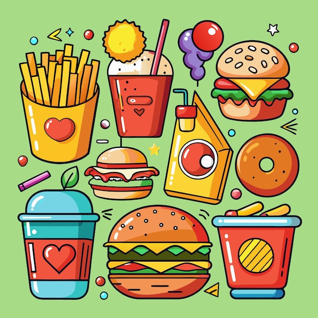 Ilustración colorida de la comida rápida de dibujos animados