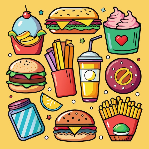 Ilustración colorida de comida rápida con hamburguesas fritas y helado