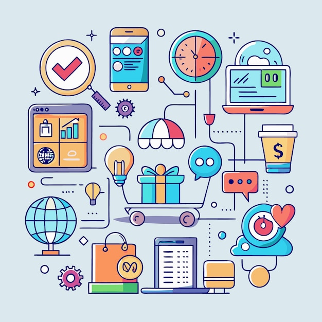 Ilustración colorida de compras en línea con elementos de servicio al cliente de pago de entrega y análisis de datos