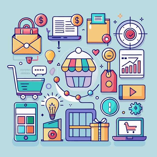 Ilustración colorida de compras en línea con iconos de una tienda tarjeta de crédito carrito de compras computadora y teléfono inteligente