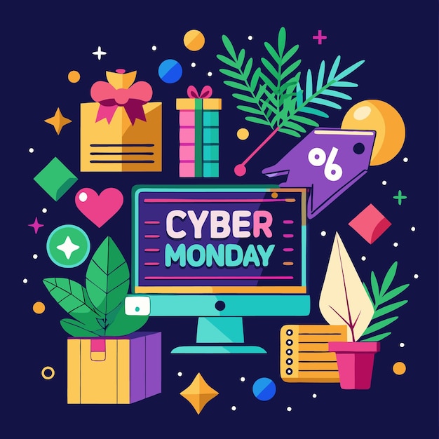 Ilustración colorida de una computadora con el texto "Cyber Monday" en la pantalla rodeada de plantas de regalos y etiqueta de venta
