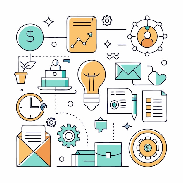 Una ilustración colorida de conceptos de negocio que incluyen ideas crecimiento tiempo dinero y trabajo en equipo