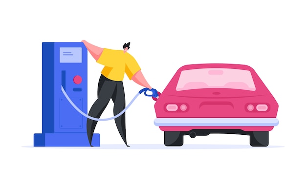 Ilustración colorida del conductor de dibujos animados contemporáneo vertiendo gasolina en el tanque del vehículo mientras está parado cerca de la bomba en la estación de combustible moderna