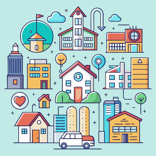 Ilustración colorida de un contorno de una ciudad con una variedad de edificios