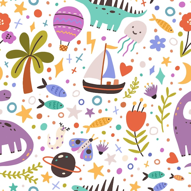 Ilustración colorida sin costuras con globos de dinosaurios y vida marina