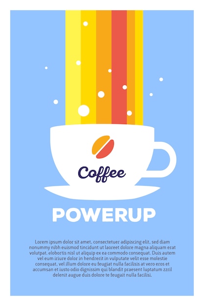 Ilustración colorida creativa de la taza de café y el arco iris con el encabezado de encendido del café y el texto sobre fondo azul. plantilla de póster coffee break.