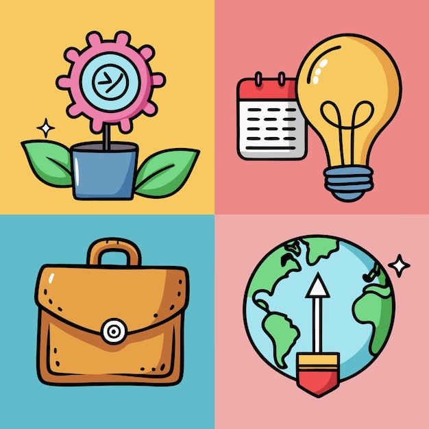 Una ilustración colorida de cuatro iconos una flor con un engranaje dentro de un calendario y una bombilla un maletín y un globo con una flecha