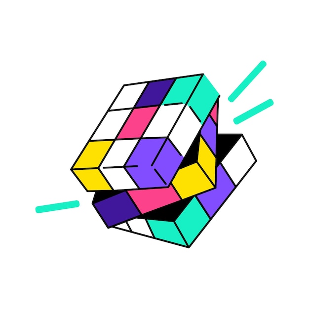 Ilustración colorida del cubo de Rubik geométrico en estilo retro