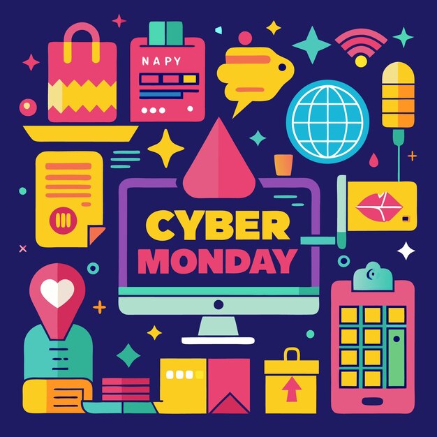 Ilustración colorida del Cyber Monday con bolsas de compras, tarjetas de crédito, computadoras y otros iconos relacionados