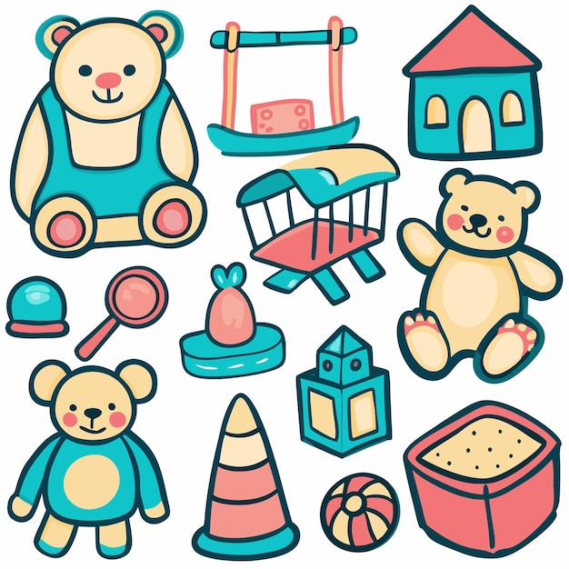 Ilustración colorida dibujada a mano de varios juguetes para niños