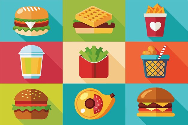 una ilustración colorida de diferentes alimentos, incluida una imagen de alimentos