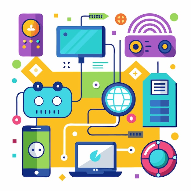 Ilustración colorida de dispositivos conectados que representan tecnología y redes