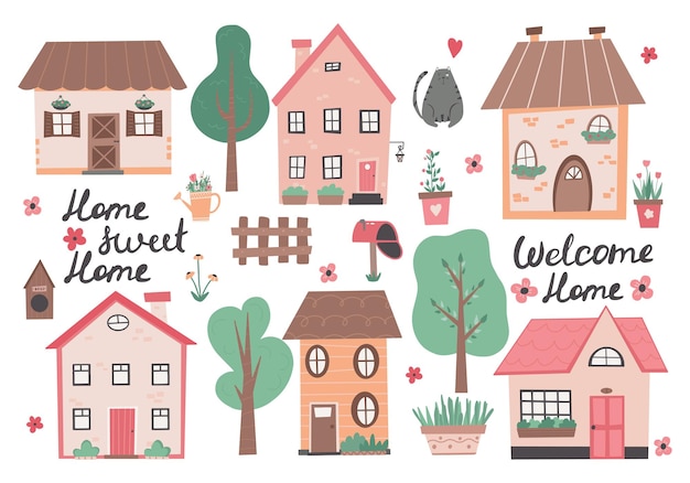 Ilustración colorida dulce hogar con casita y flores Casas pequeñas jardín flores y árboles