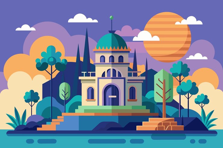 una ilustración colorida de un edificio con una cúpula azul y un techo verde