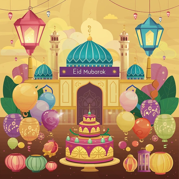 una ilustración colorida de un edificio con un pastel y globos
