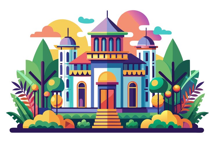 Vector ilustración colorida de un edificio de varios pisos con torres de cúpula en un paisaje