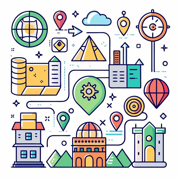 Ilustración colorida de edificios y puntos de referencia de la ubicación