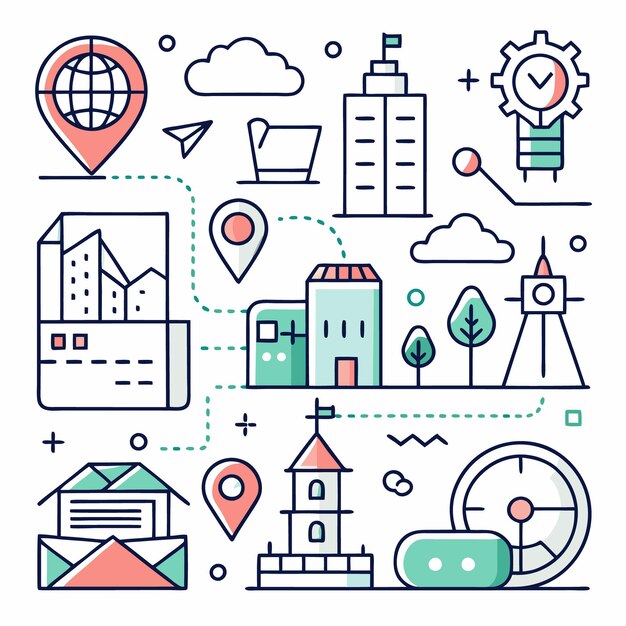 Ilustración colorida de los elementos conectados de la ciudad, incluidos los edificios, una brújula, un reloj y un mapa