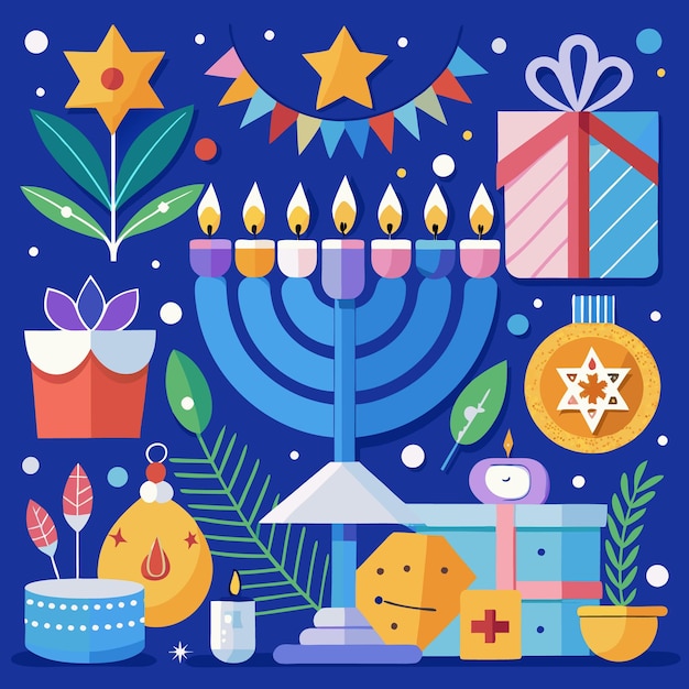 Ilustración colorida de los elementos festivos de Hanukkah con Menorah Estrella de David y Regalos