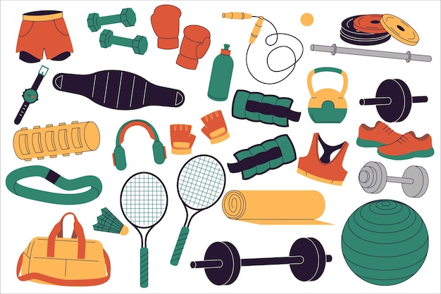 Ilustración colorida de equipo de fitness y deportes, incluidas pesas, raquetas, guantes de boxeo y zapatos