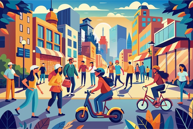 Ilustración colorida de una escena callejera de una ciudad ocupada con diversas personas caminando hablando y usando dispositivos móviles Algunas personas están montando scooters y bicicletas