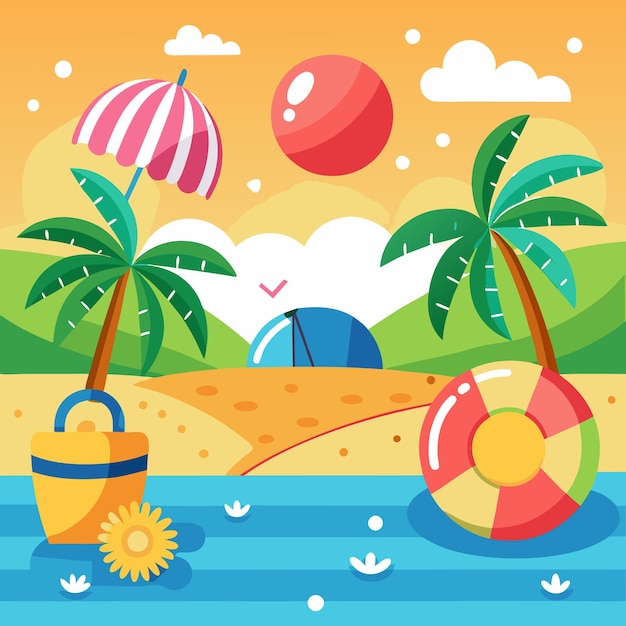 Ilustración colorida de una escena de playa con palmeras un paraguas una pelota de playa una tienda una bolsa de playa un anillo de vida y un sol