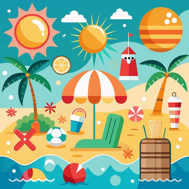 Ilustración colorida de una escena de playa con sillas de playa sombrillas bolas de playa y palmeras