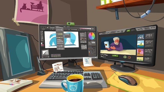 Ilustración colorida del espacio de trabajo del artista digital profesional con muchas herramientas de estilo de dibujos animados