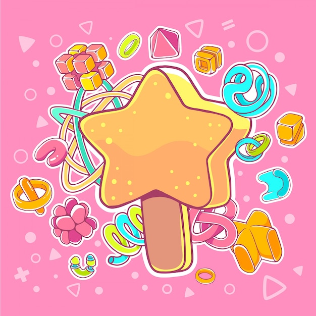 Ilustración colorida de la estrella de helado de naranja sobre fondo rosa con elementos abstractos.