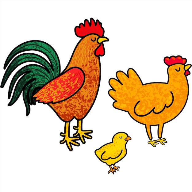 Ilustración colorida de la familia de los pollos