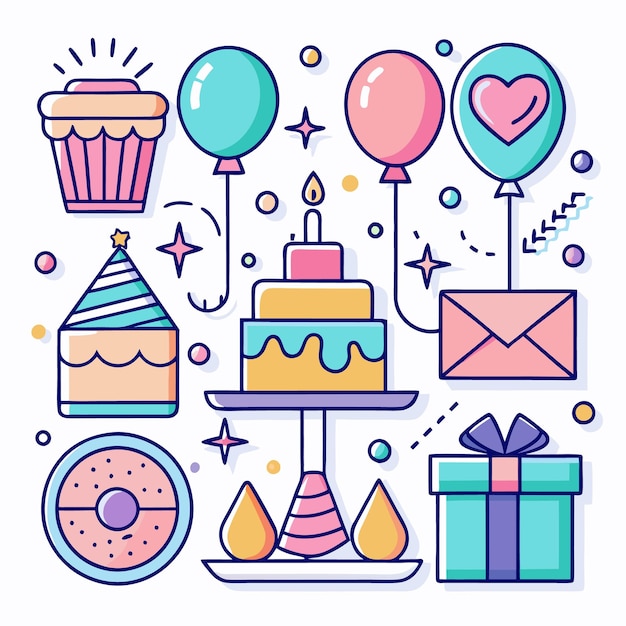 Ilustración colorida de la fiesta de cumpleaños con bolos de pastel regalo y pastel