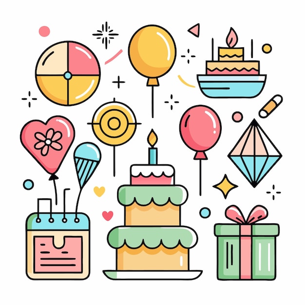 Ilustración colorida de la fiesta de cumpleaños con globos de pastel regalo y diamante