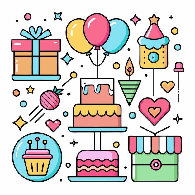 Ilustración colorida de la fiesta de cumpleaños con globos de pastel regalo y pastel