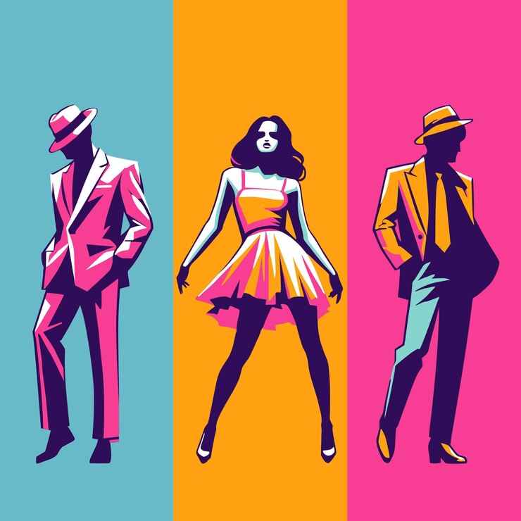 Vector ilustración colorida de figuras retro masculinas y femeninas de clubes nocturnos