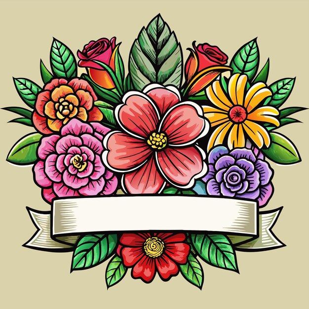 Vector una ilustración colorida de flores con una cinta que dice primavera