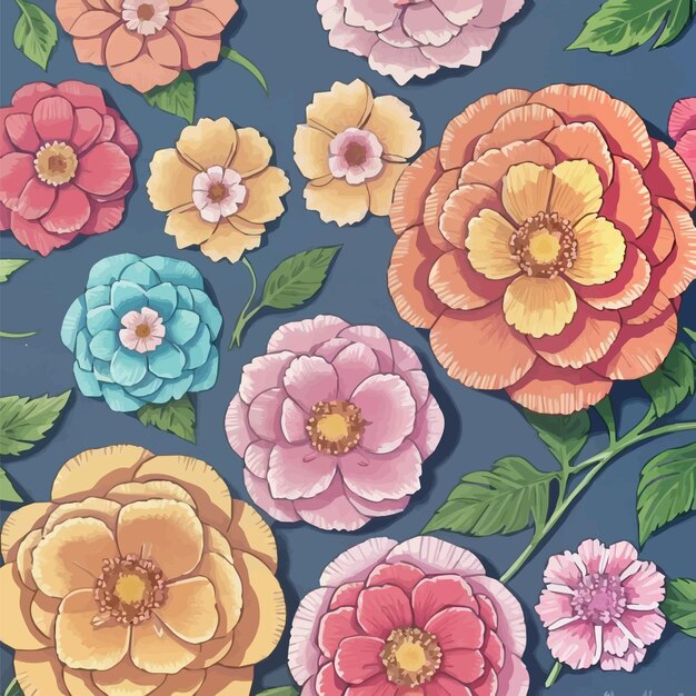 una ilustración colorida de flores con hojas verdes