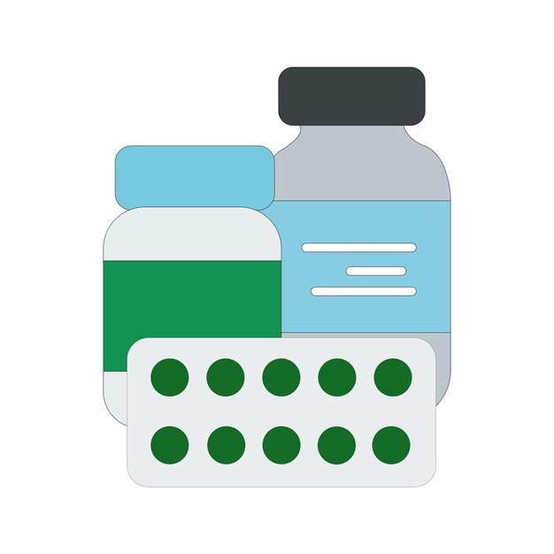 Ilustración colorida de frascos de medicamentos y blister de pastillas