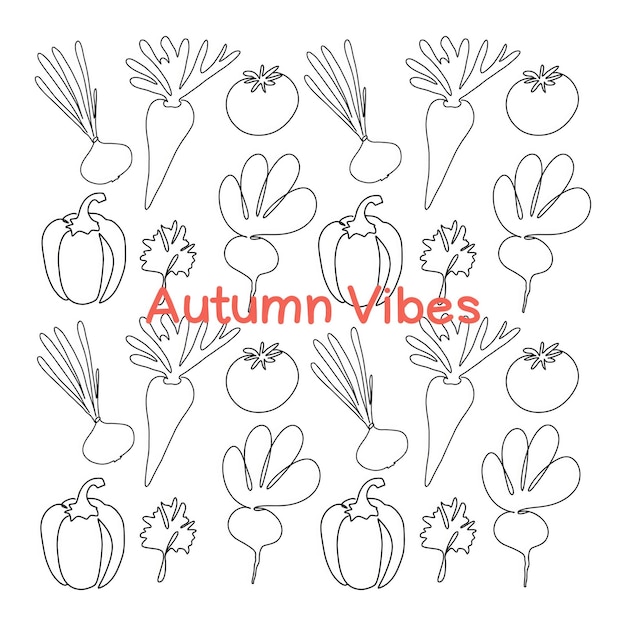 Ilustración colorida de frutas y verduras de otoño en un patrón repetitivo que muestra zanahorias