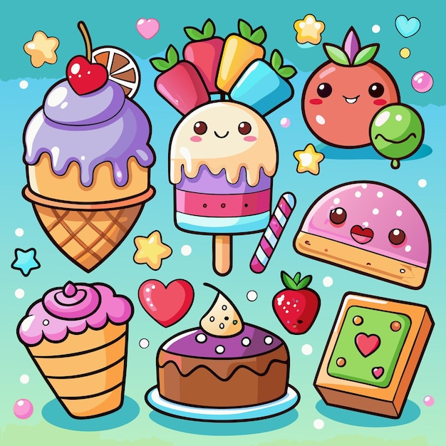 Una ilustración colorida de golosinas y postres, incluidos pasteles de helado y dulces