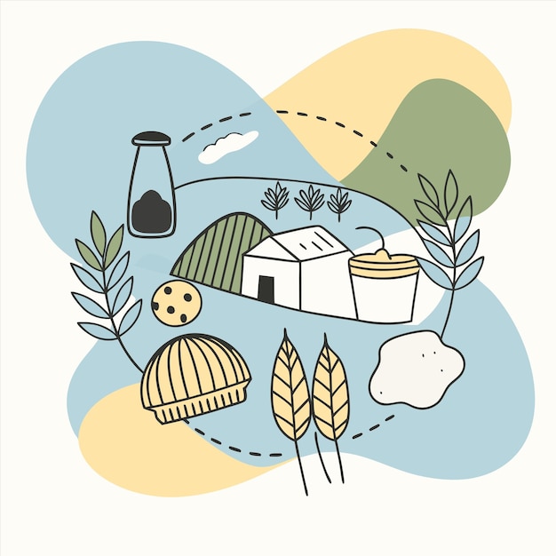 una ilustración colorida de una granja con una casa y árboles en el fondo