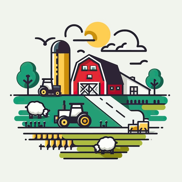 una ilustración colorida de una granja con un granero y una granja en el fondo